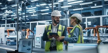 Wide Activity Range Workers in industrial manufacturing facility with heavy machinery